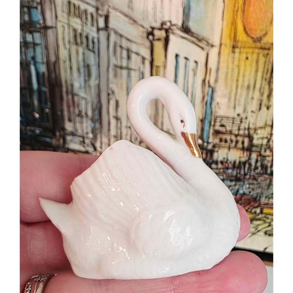 Vintage MCM Pink & White Swan Salt Cellar with Gold Trim